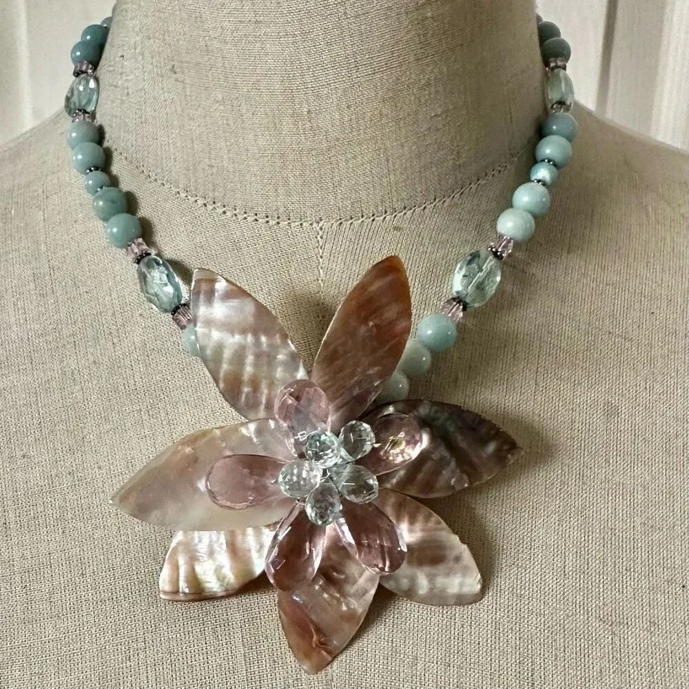 Statement Floral Shell Necklace – Amazonite Beads, Sterling Clasp